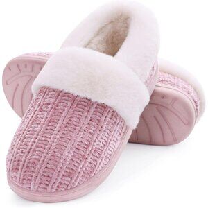 ⚡Women's Pink Fuzzy Memory Foam Slippers Closed Back Knit Slip-On House Shoes